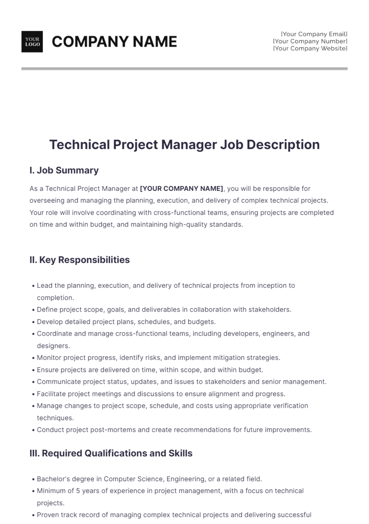 Technical Project Manager Job Description