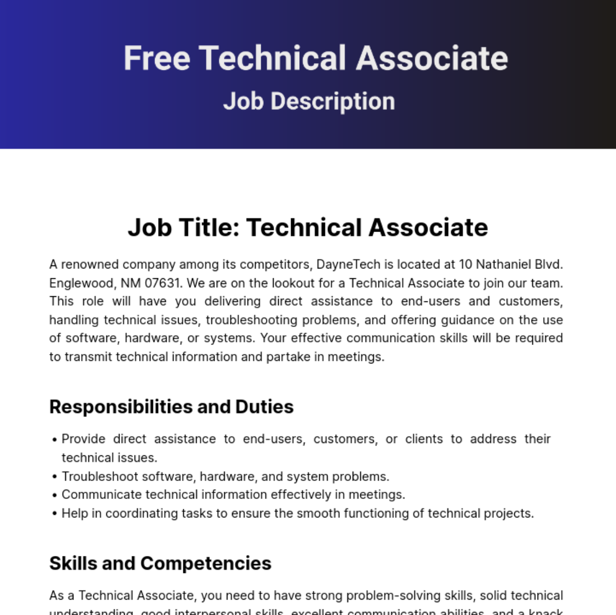Technical Associate Job Description Template