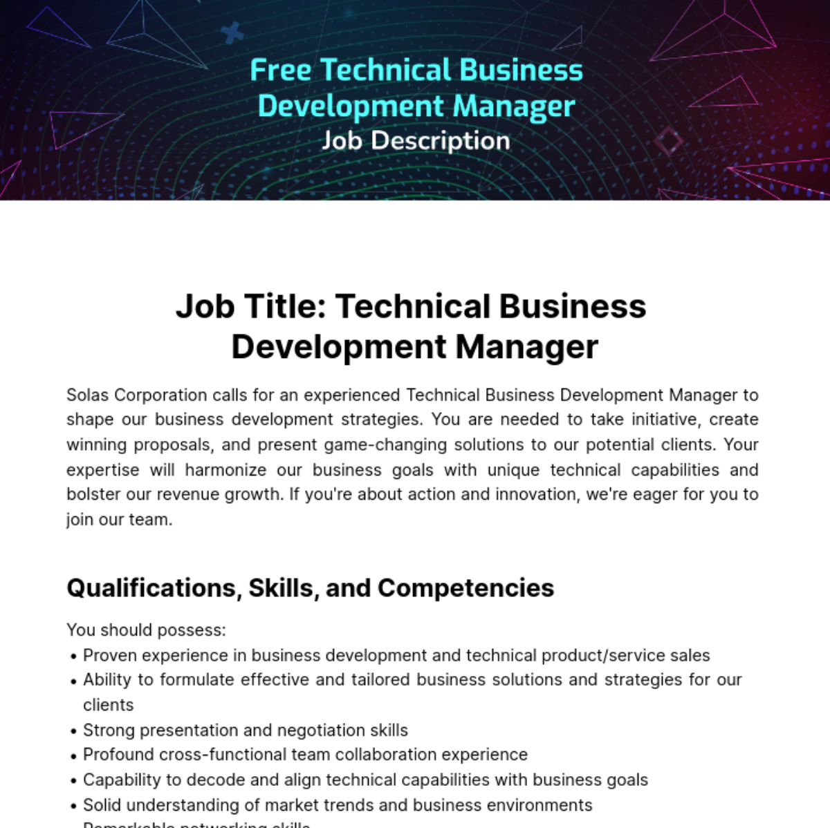 Technical Business Development Manager Job Description Template