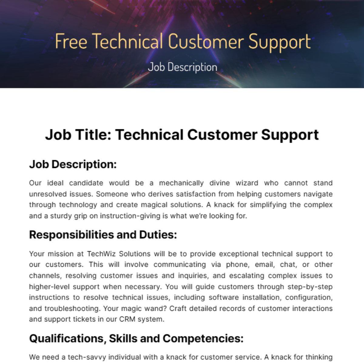 Technical Customer Support Job Description Template