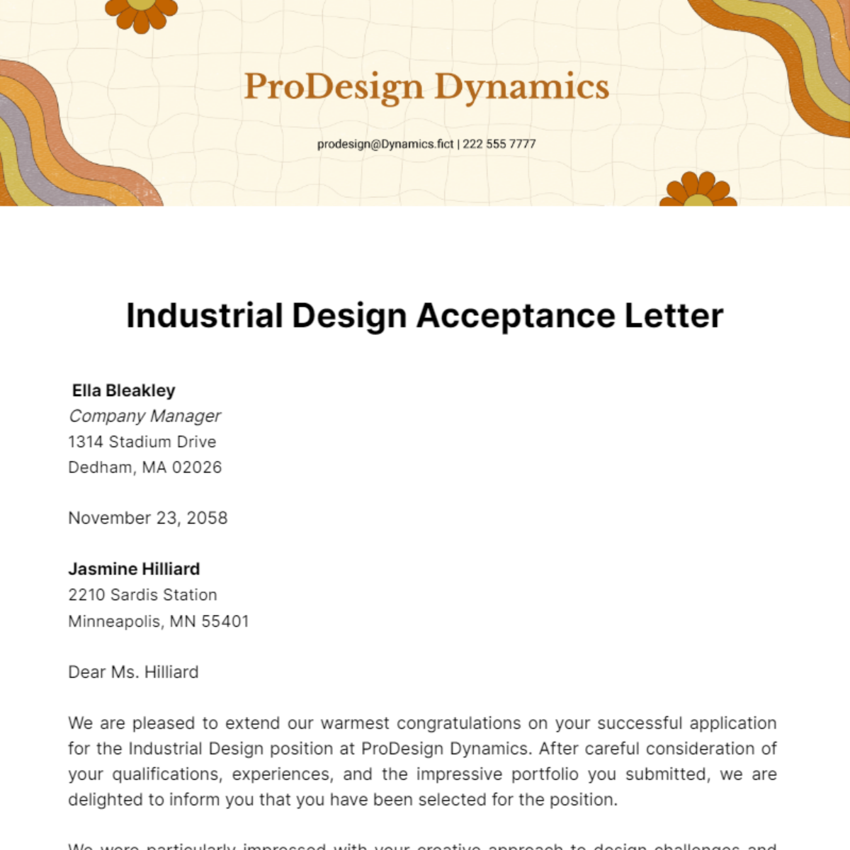 Industrial Design Acceptance Letter Template