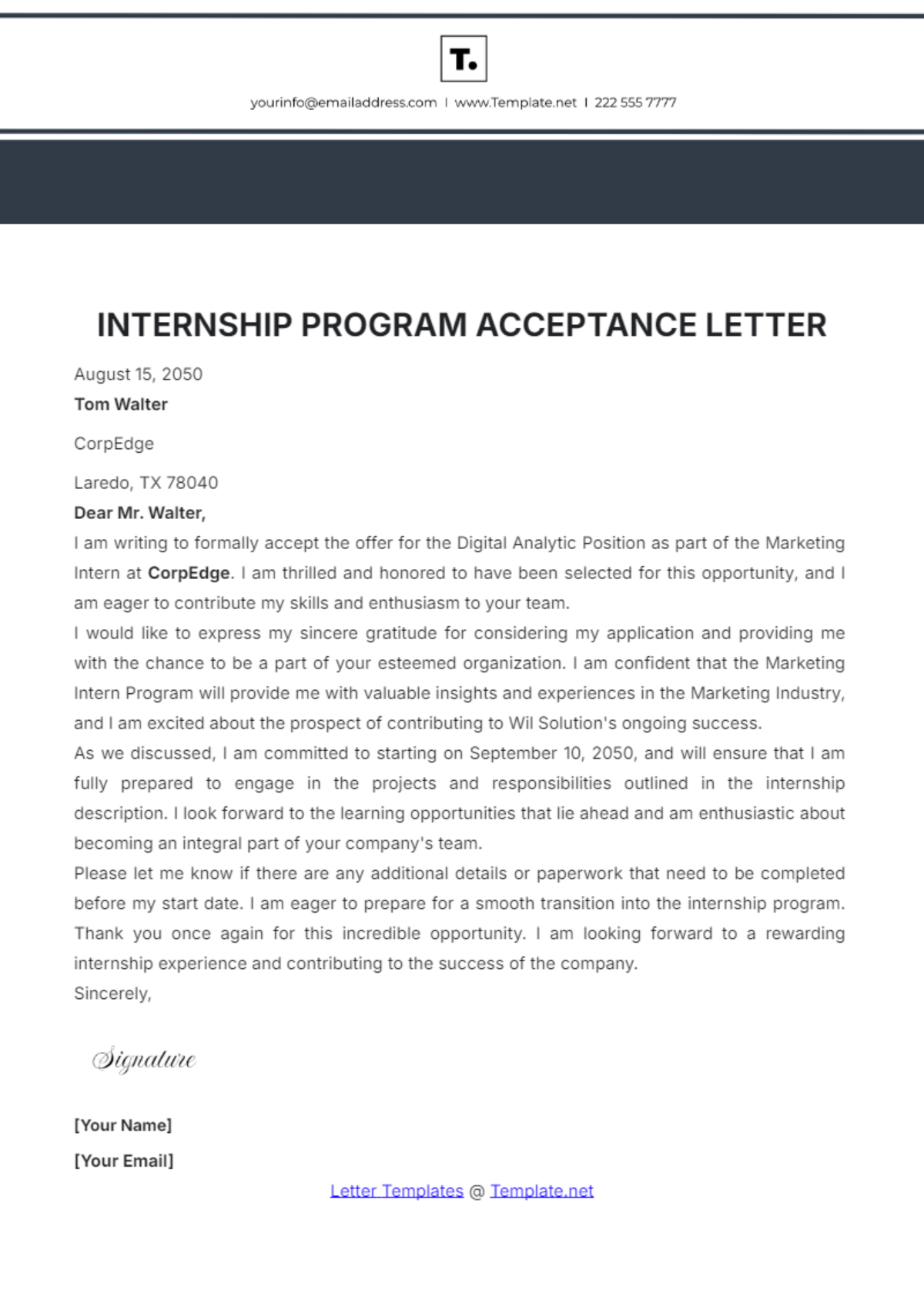 Internship Program Acceptance Letter Template