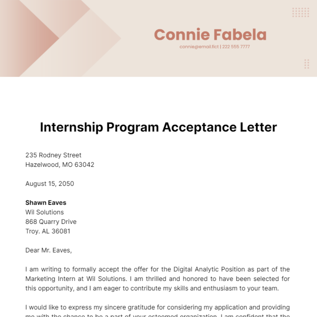 Free Internship Program Acceptance Letter Template