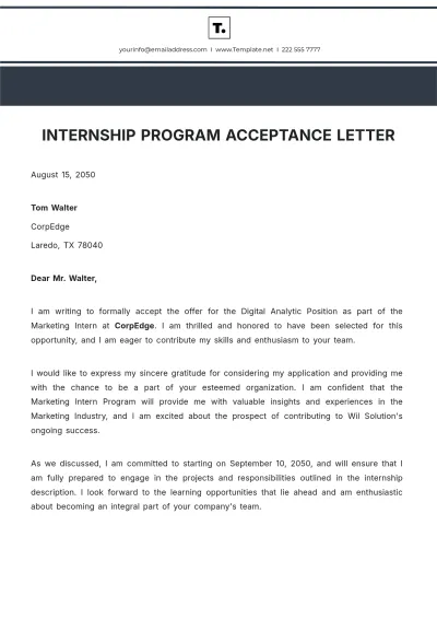 Free Internship Program Acceptance Letter Template to Edit Online