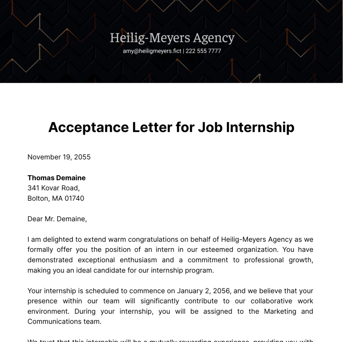 Free Acceptance Letter for Job Internship Template