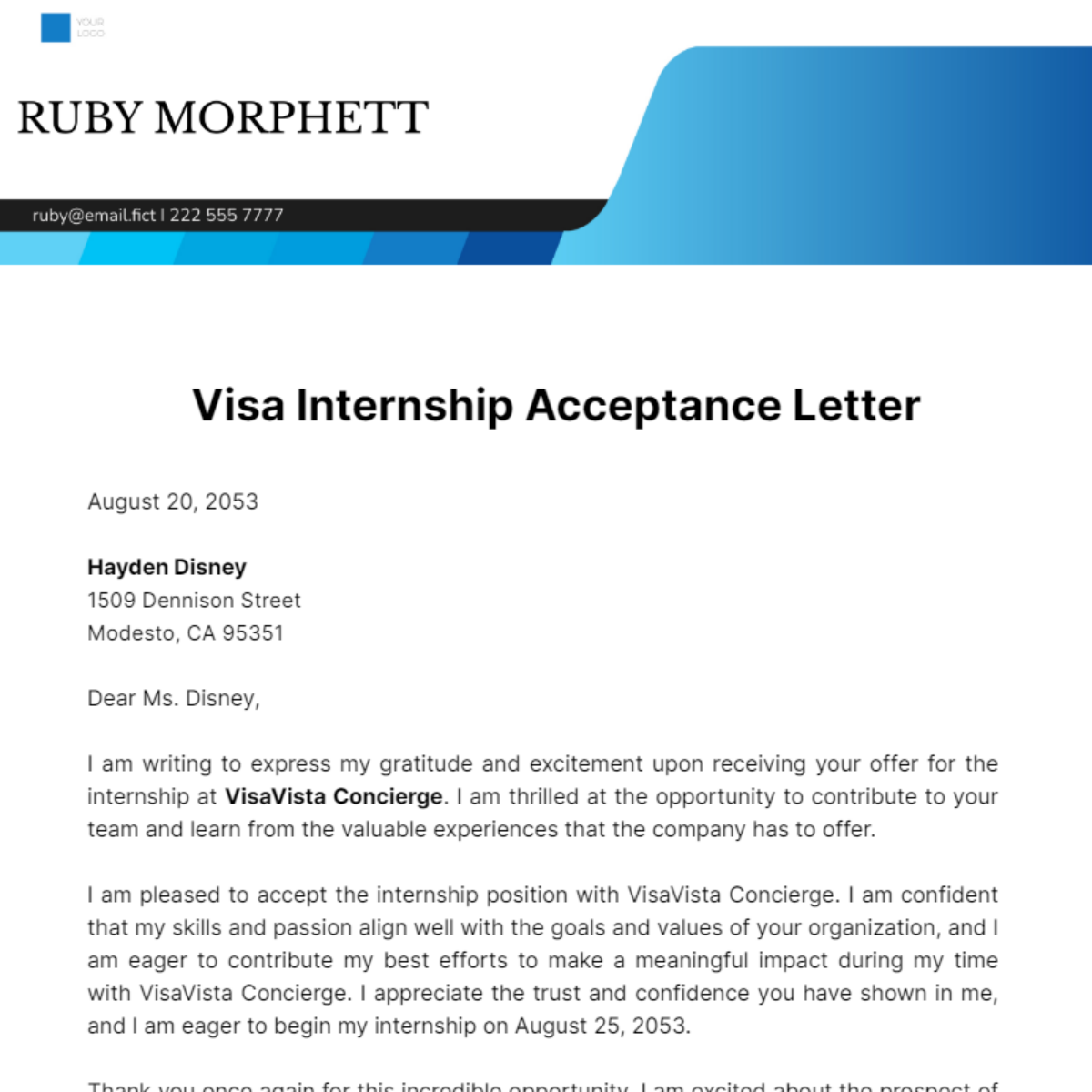 Visa Internship Acceptance Letter Template