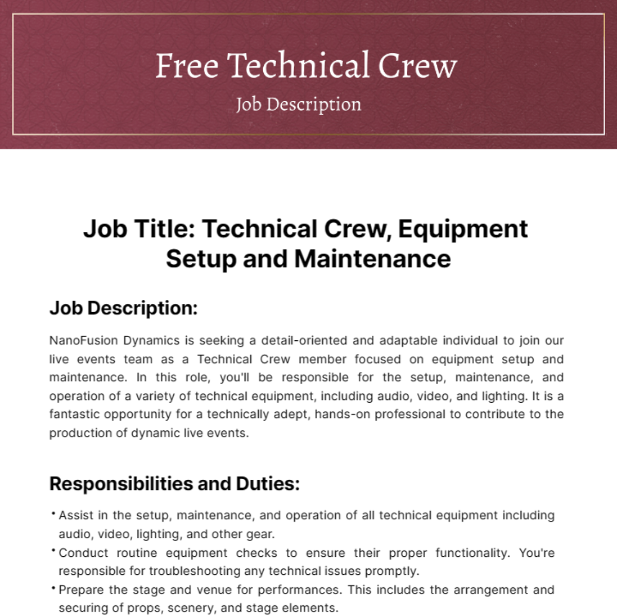 Technical Crew Job Description Template