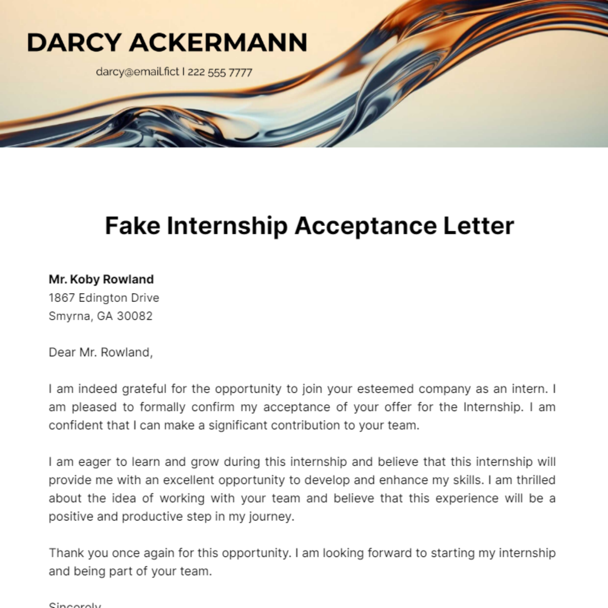 Fake Internship Acceptance Letter Template