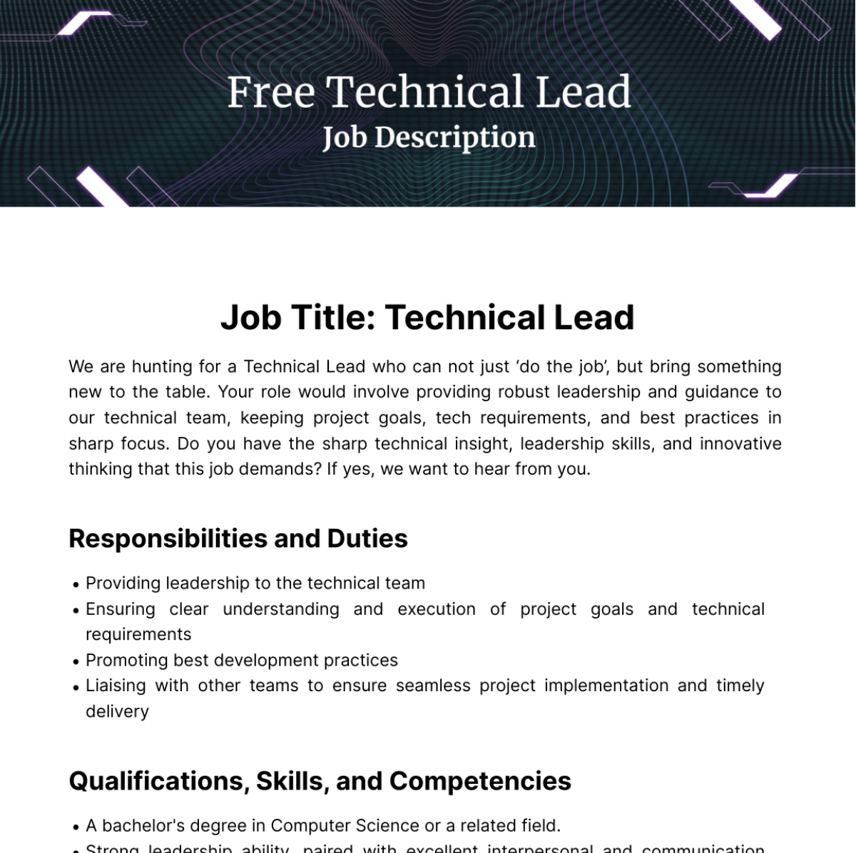 Technical Lead Job Description Template