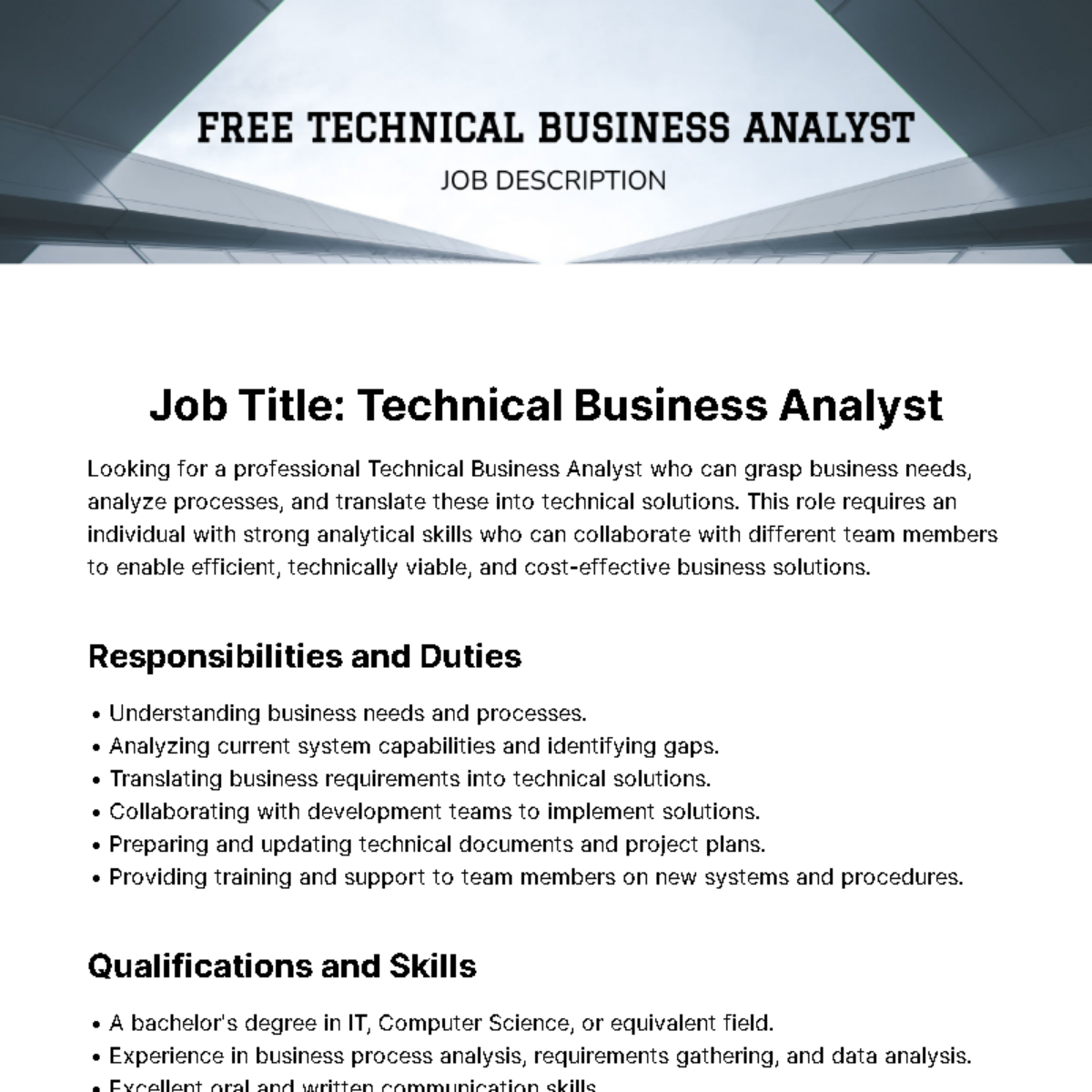 Technical Business Analyst Job Description Template