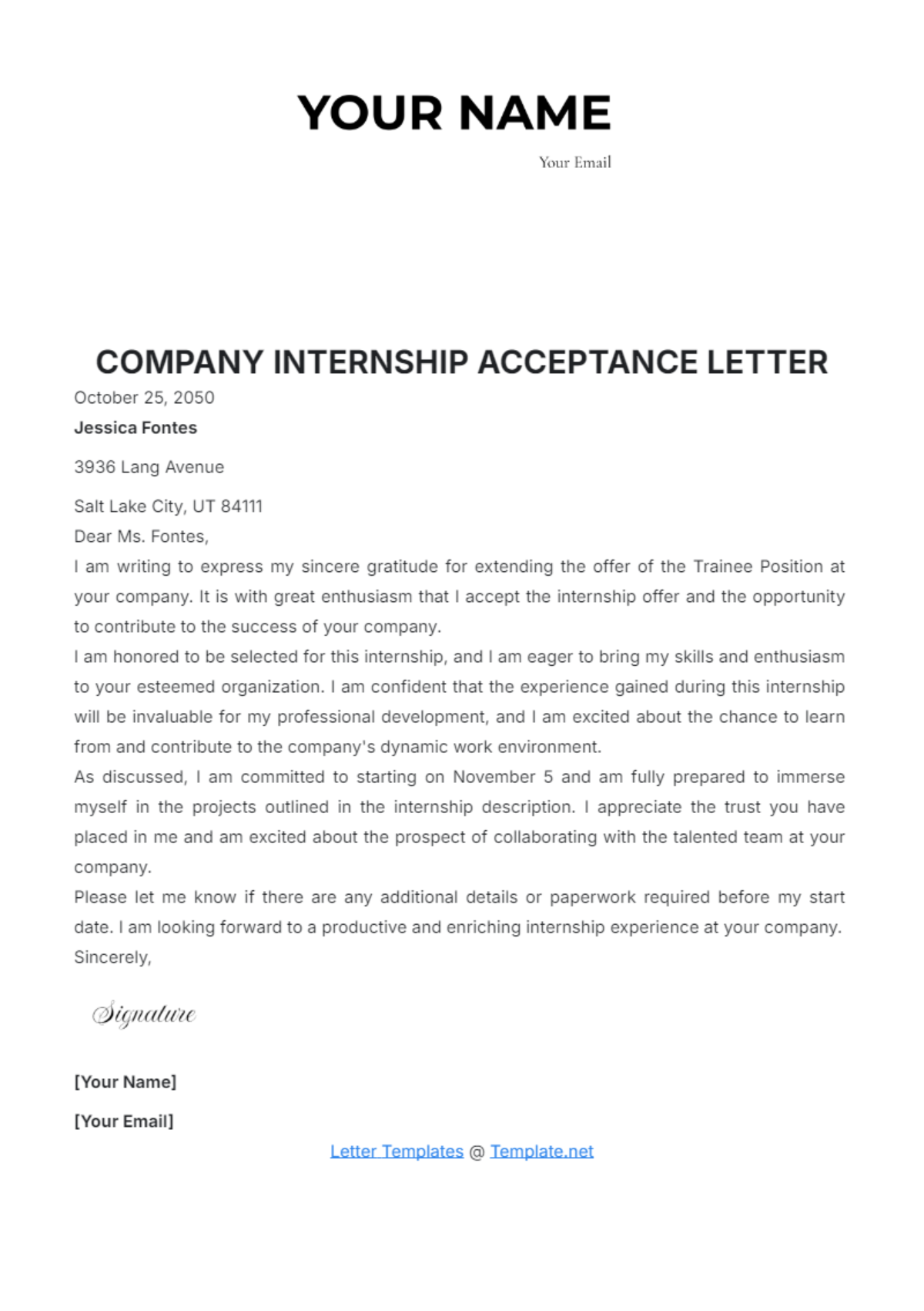 Company Internship Acceptance Letter Template - Edit Online & Download