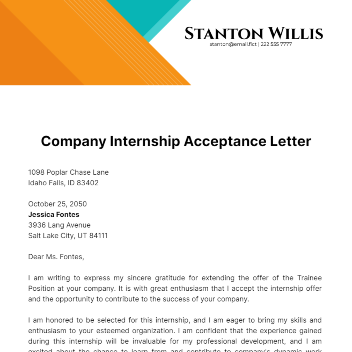 Free Company Internship Acceptance Letter Template