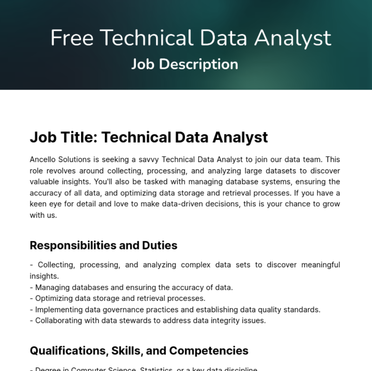 Technical Data Analyst Job Description Template