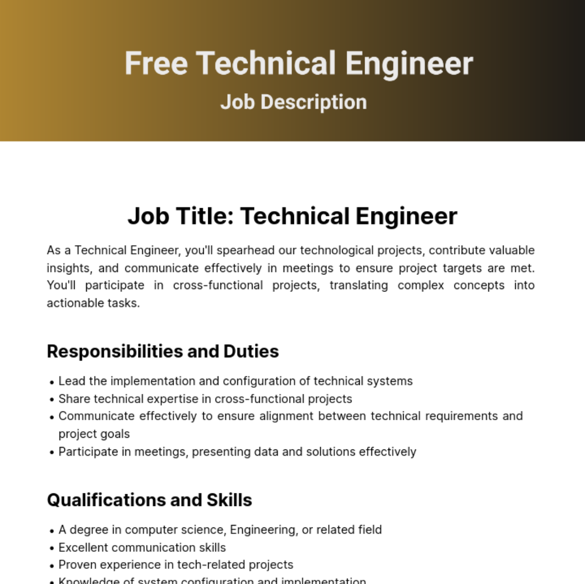 Technical Engineer Job Description Template