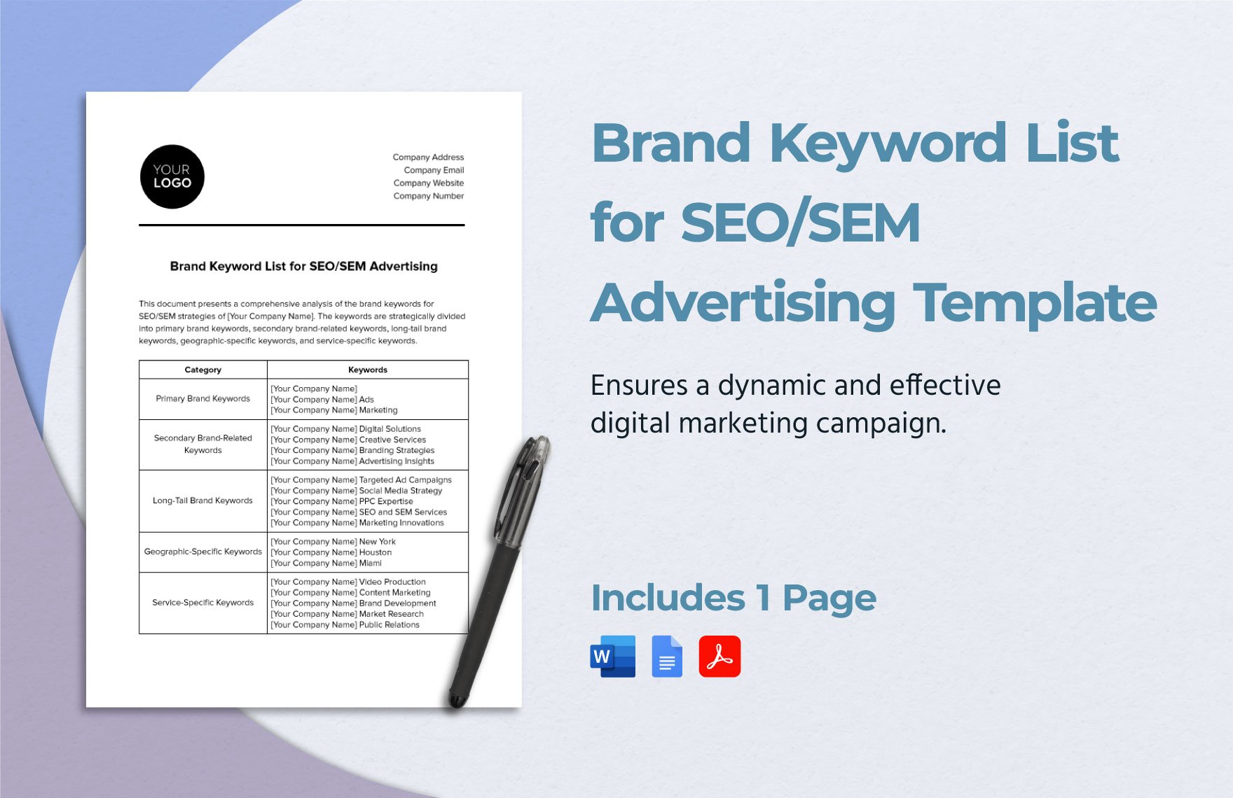 Brand Keyword List for SEO/SEM Advertising Template in Word, Google Docs, PDF