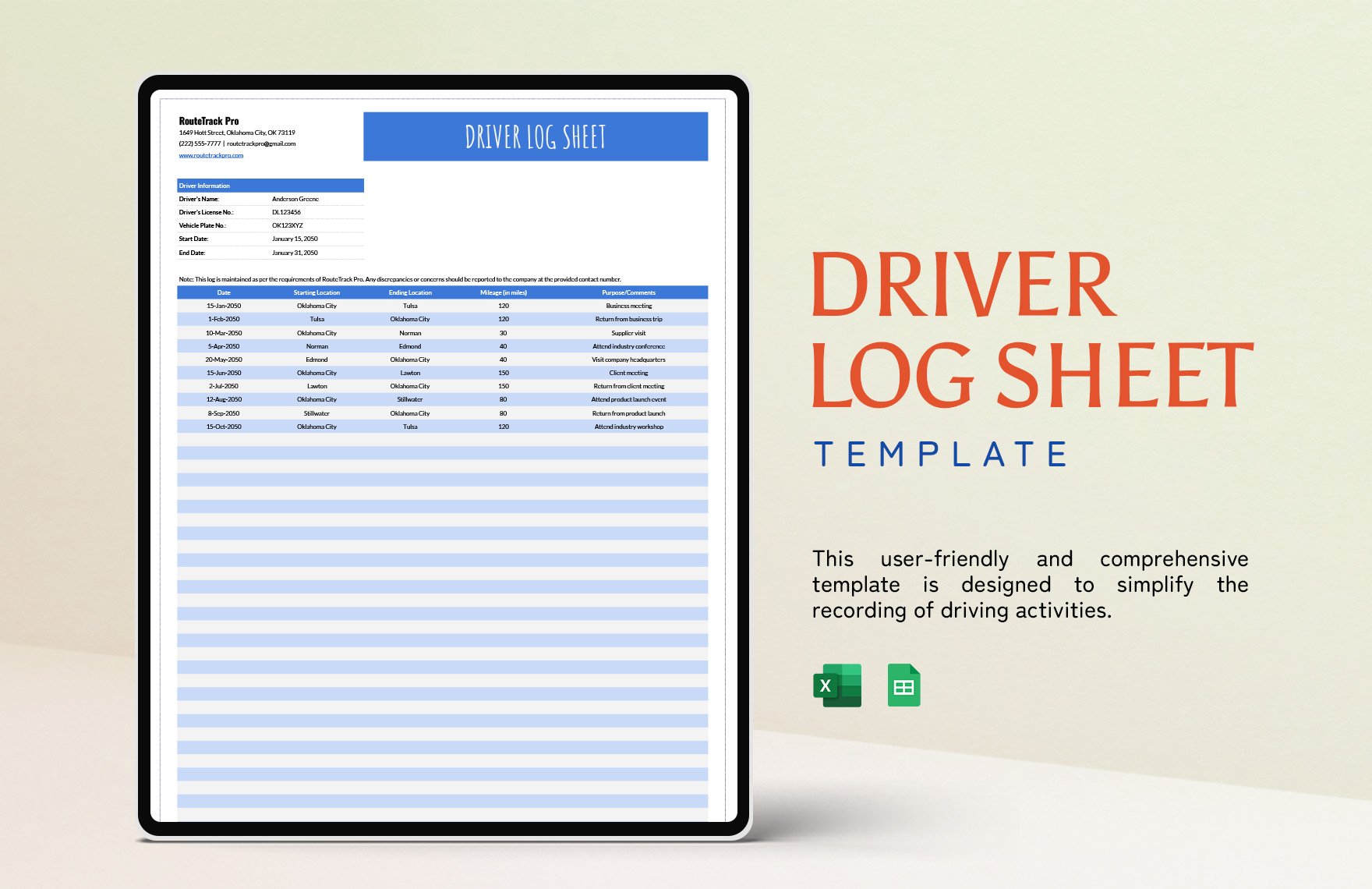 Driver Log Sheet Template in Excel, Google Sheets