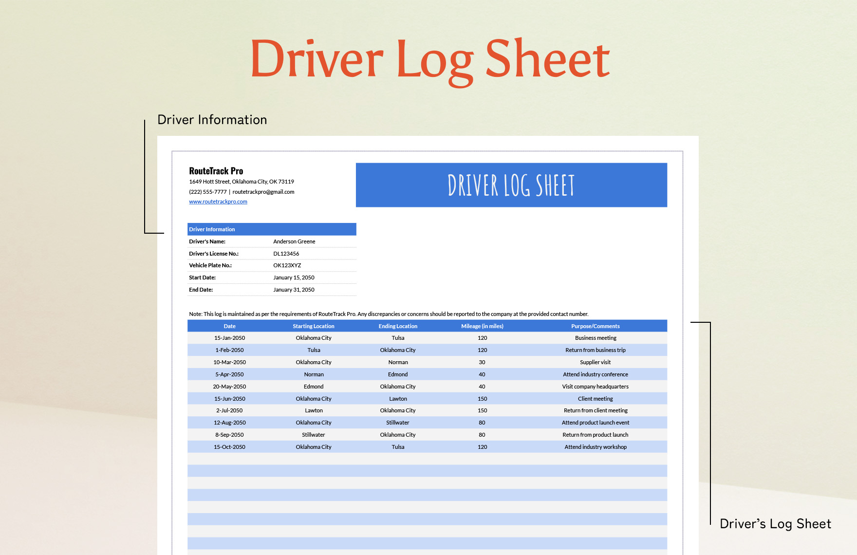 Driver Log Sheet Template