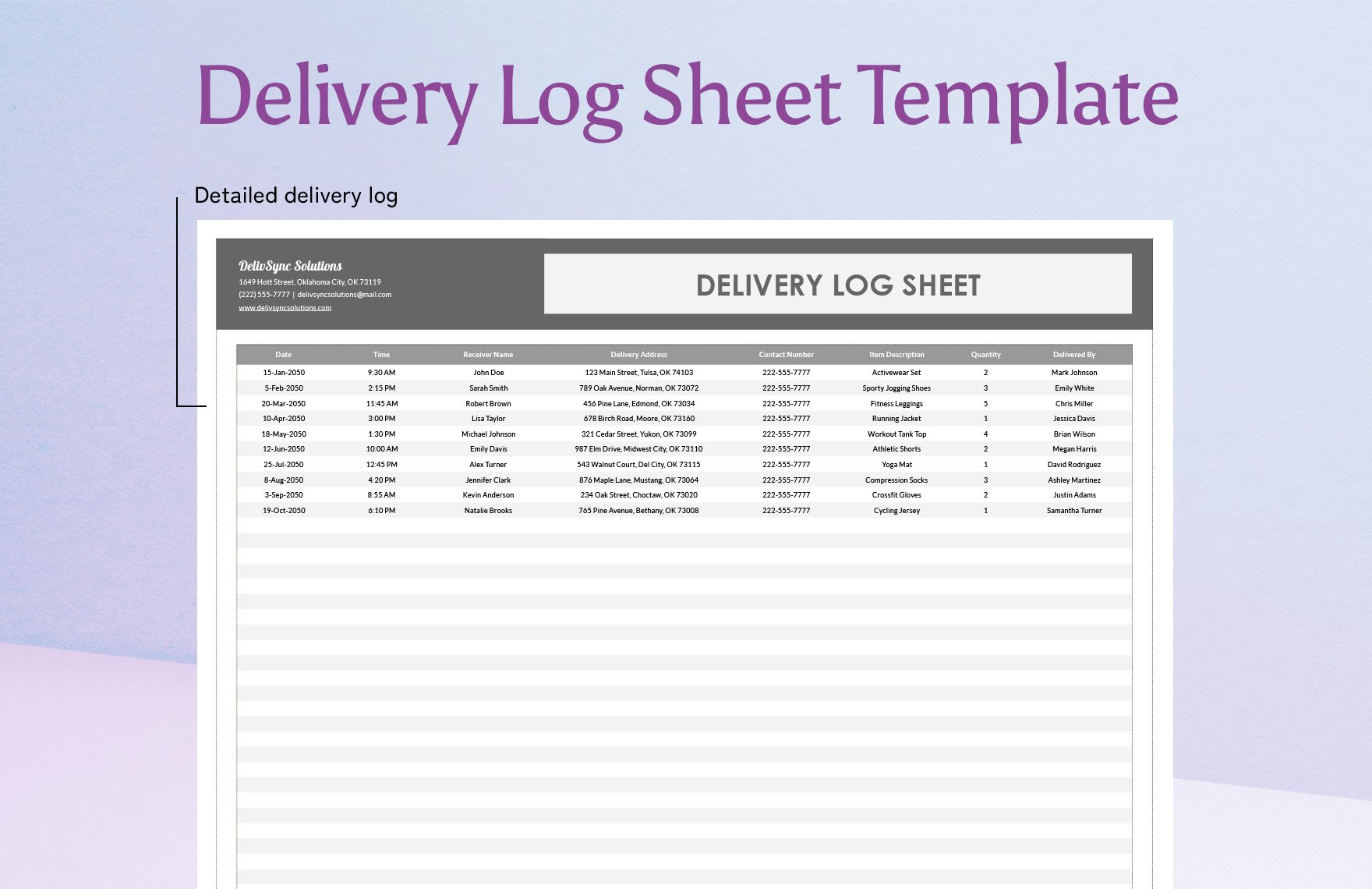 Delivery Log Sheet Template