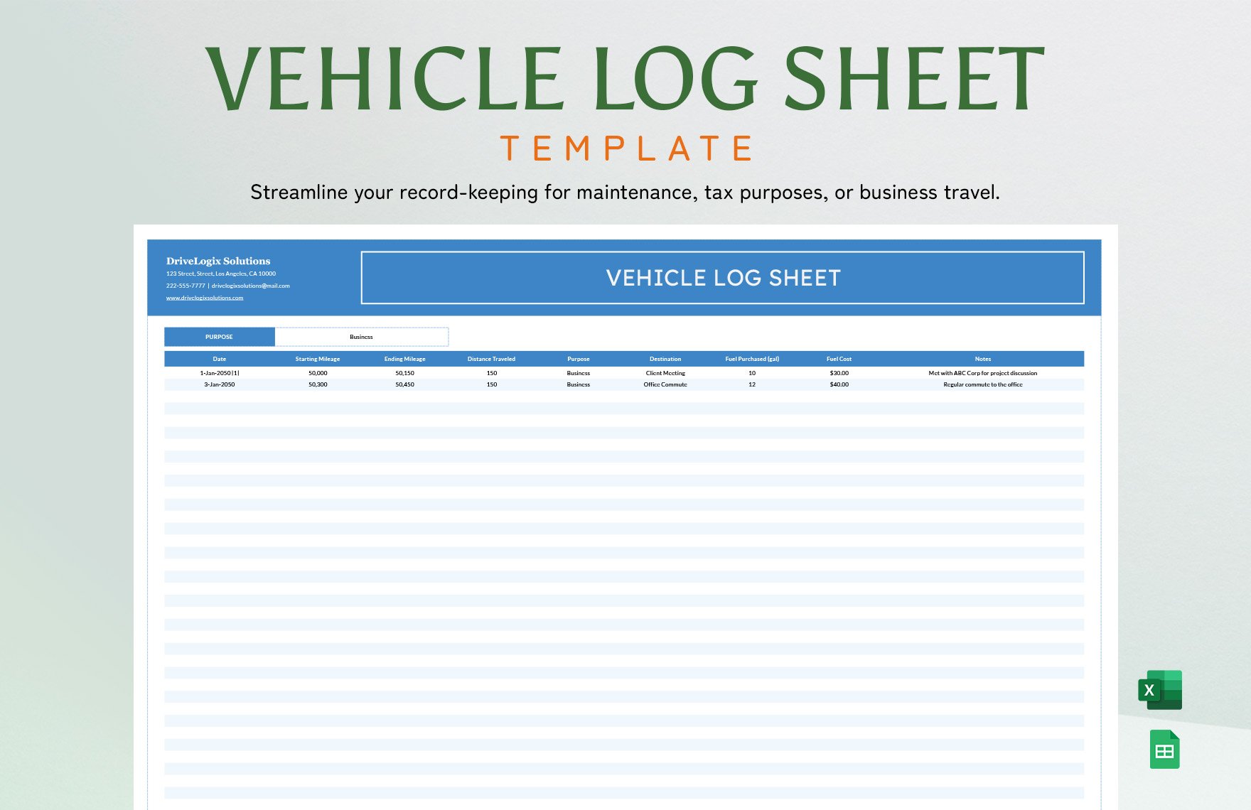 Vehicle Log Sheet Template in Excel, Google Sheets