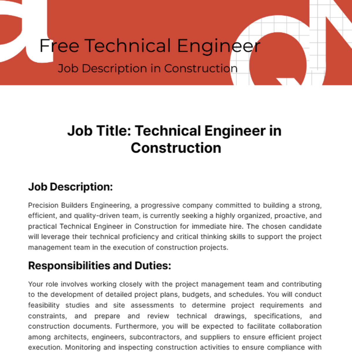 Technical Engineer Job Description in Construction Template