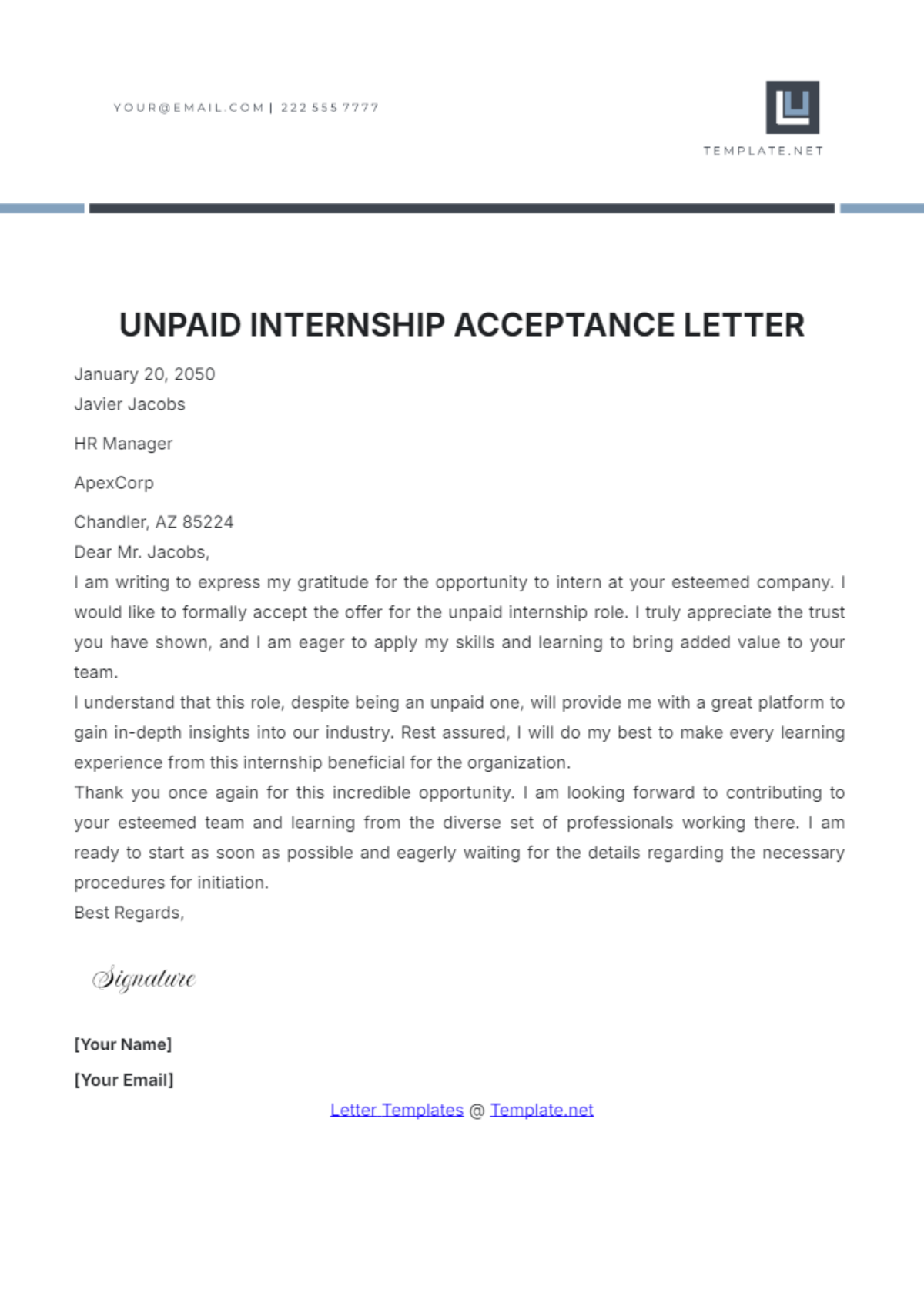 Unpaid Internship Acceptance Letter Template