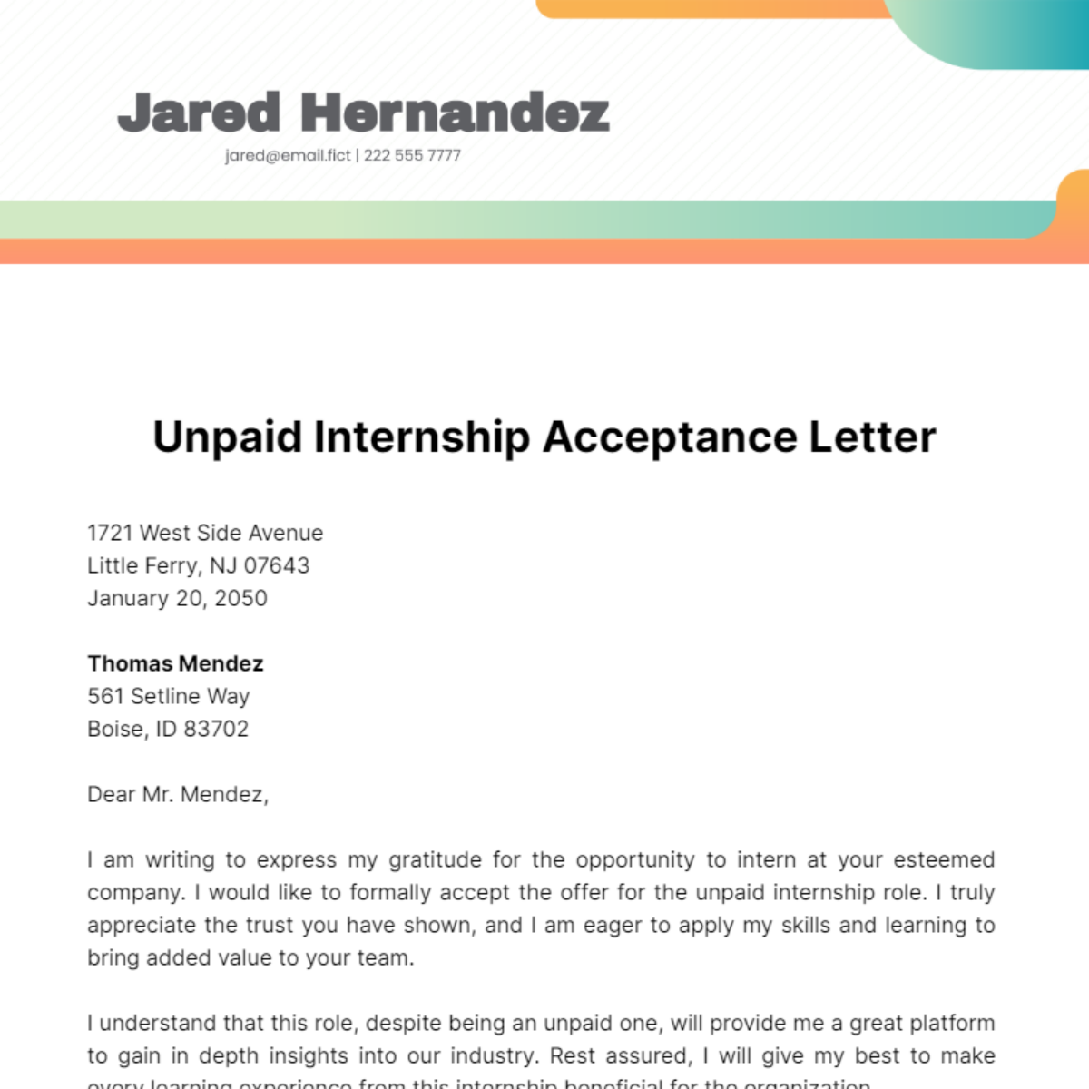 Unpaid Internship Acceptance Letter Template