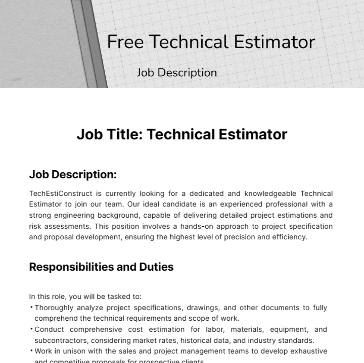 Technical Estimator Job Description Template