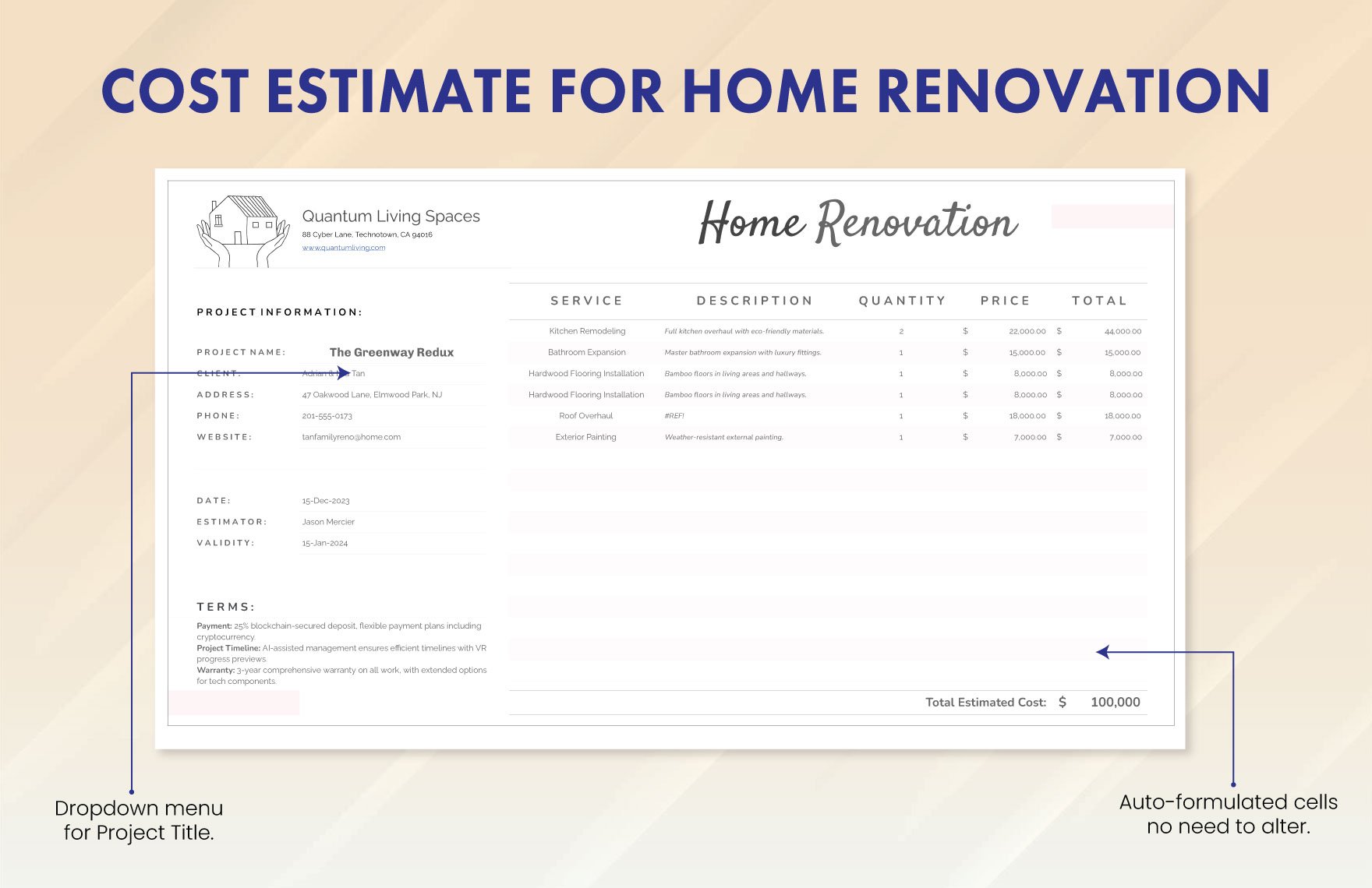 Cost Estimate for Home Renovation Template in Google Sheets, Excel ...