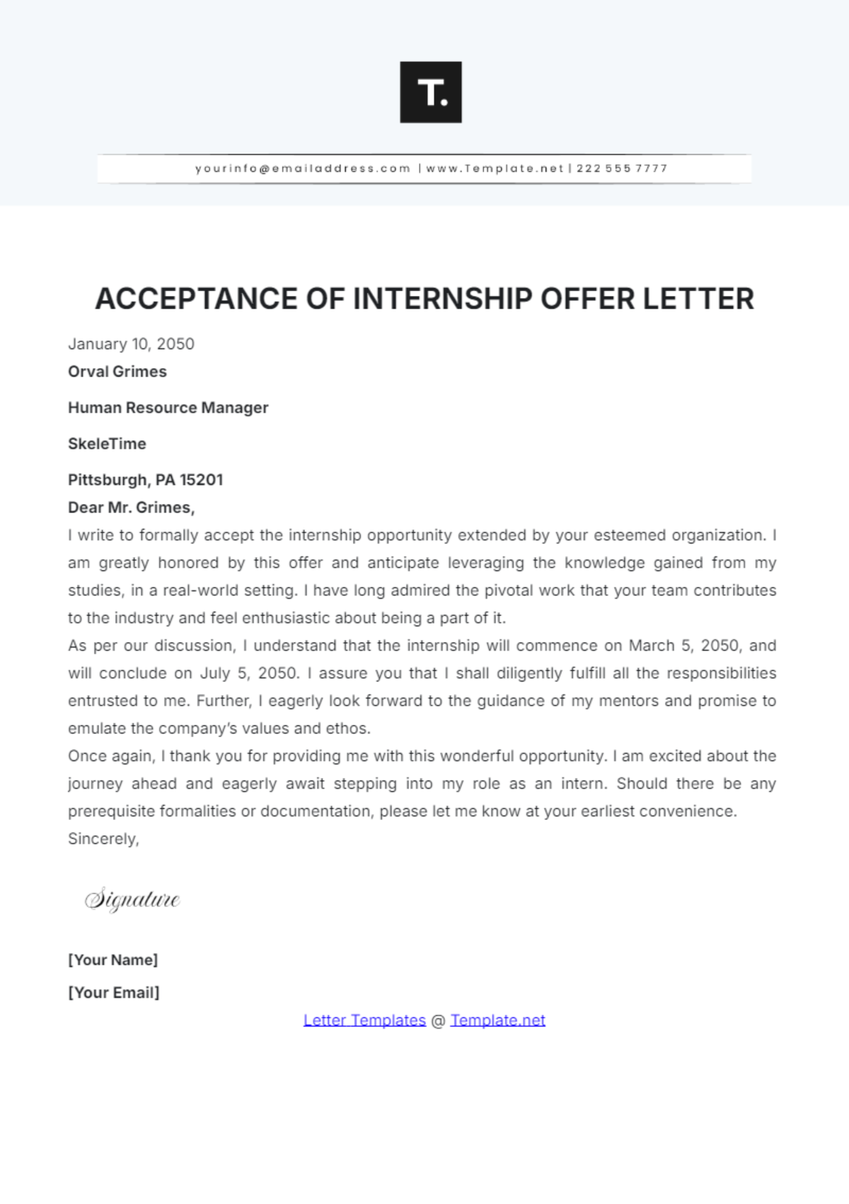 Acceptance of Internship Offer Letter Template