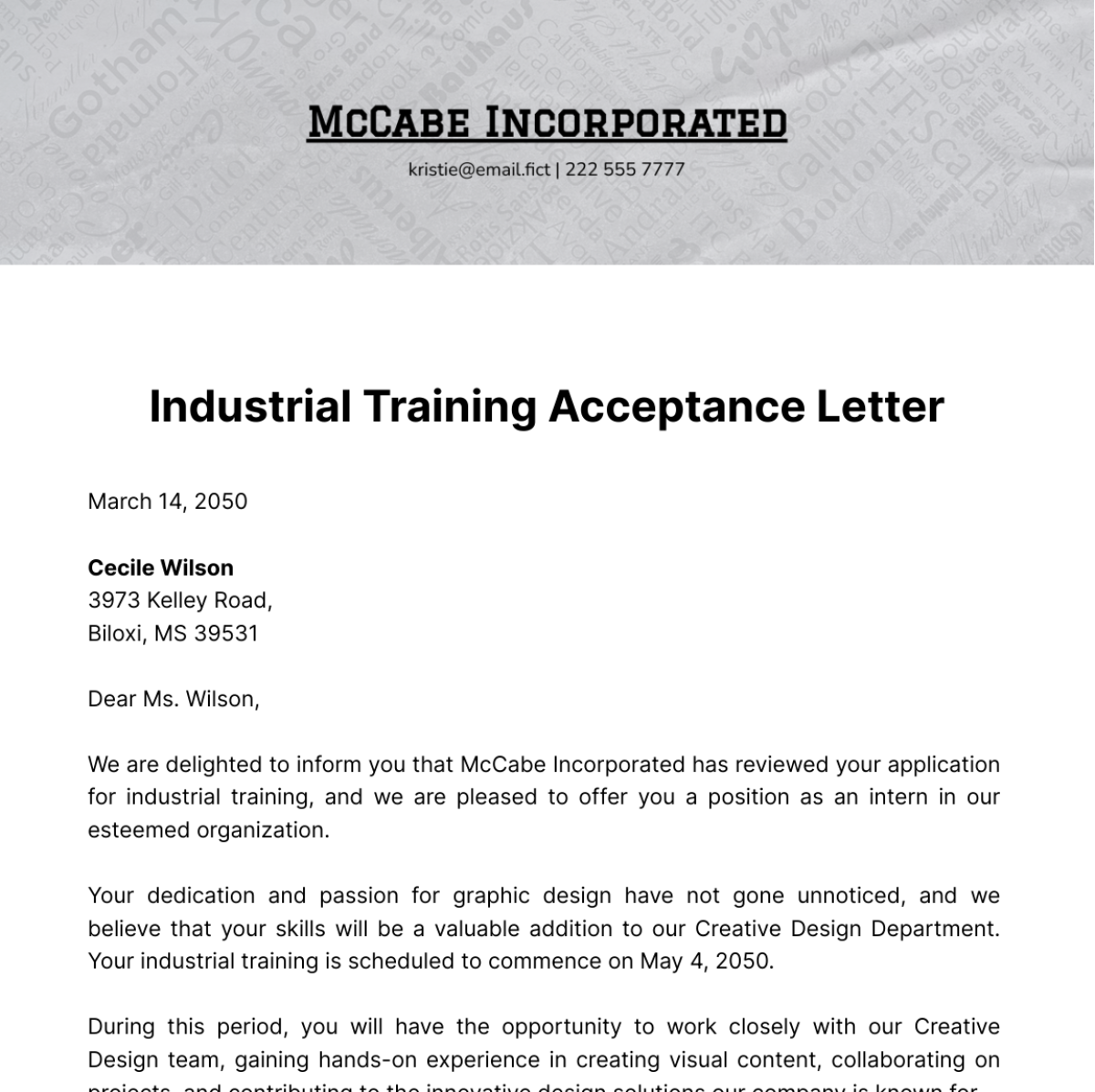 Free Industrial Training Acceptance Letter Template