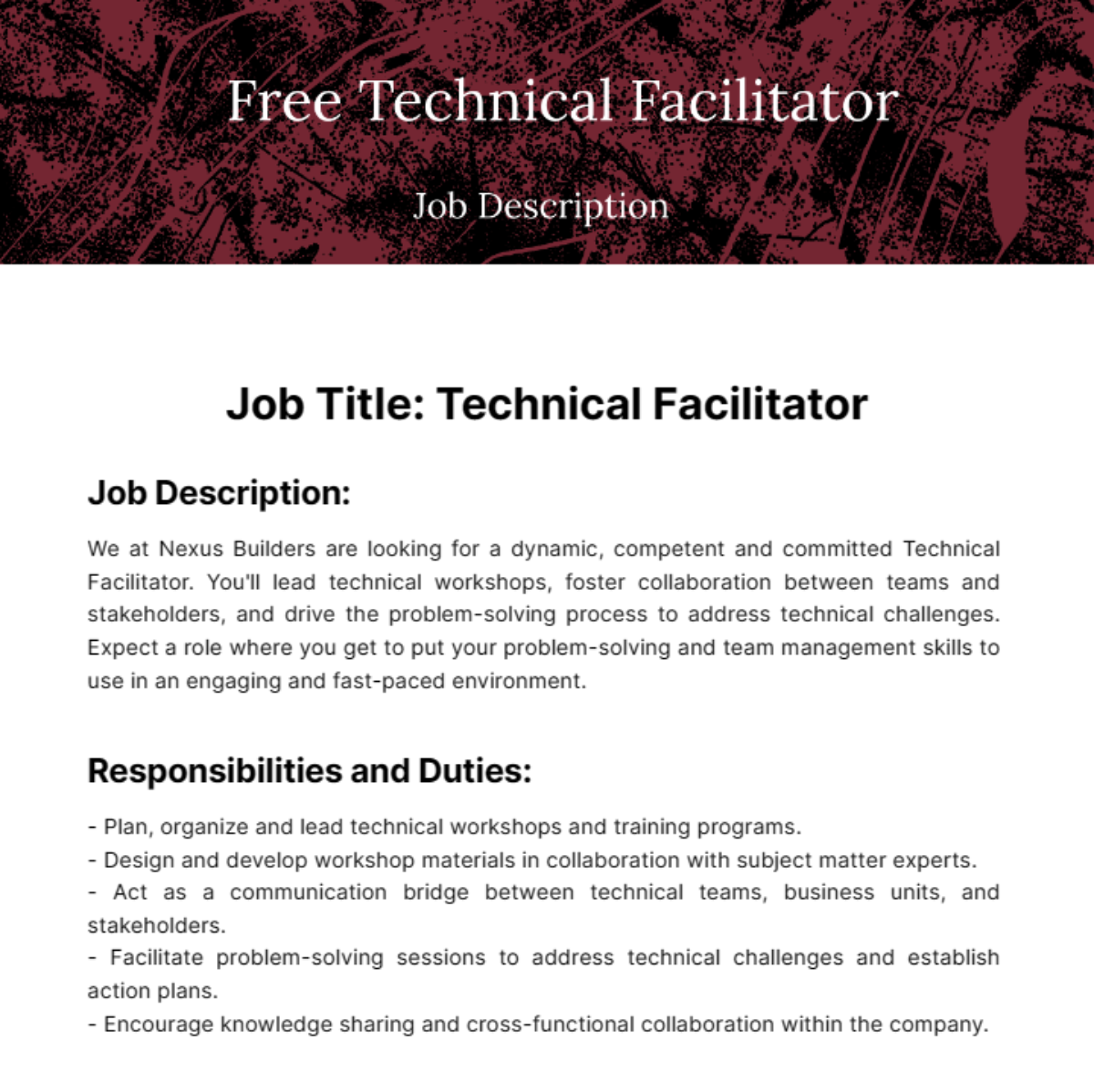 Technical Facilitator Job Description Template