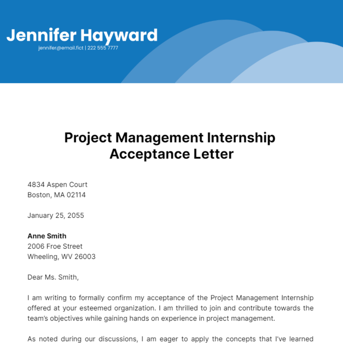 Free Project Management Internship Acceptance Letter Template