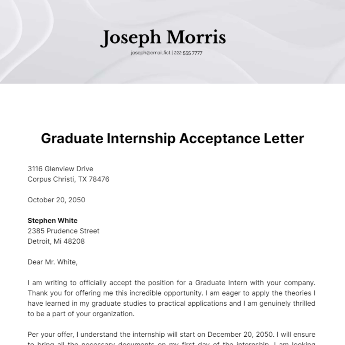 Graduate Internship Acceptance Letter Template