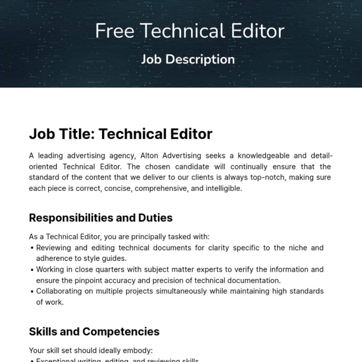 Technical Editor Job Description Template