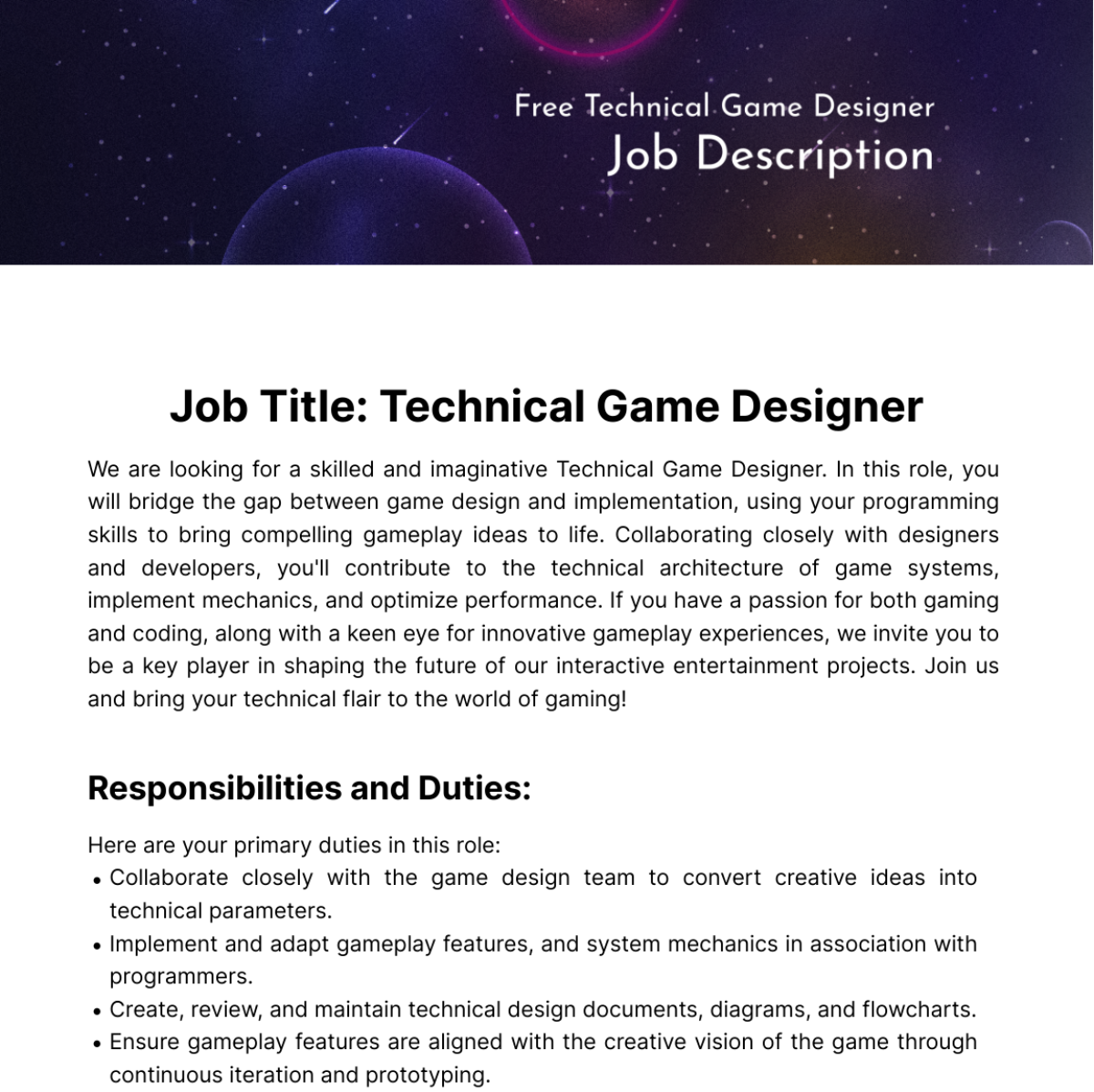 Technical Game Designer Job Description Template