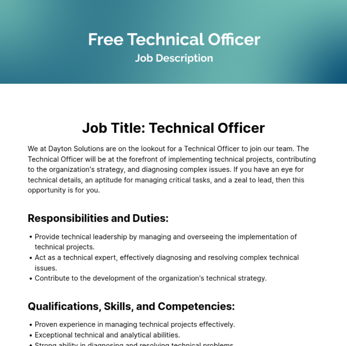 Free Technical Officer Job Description Template Edit Online 