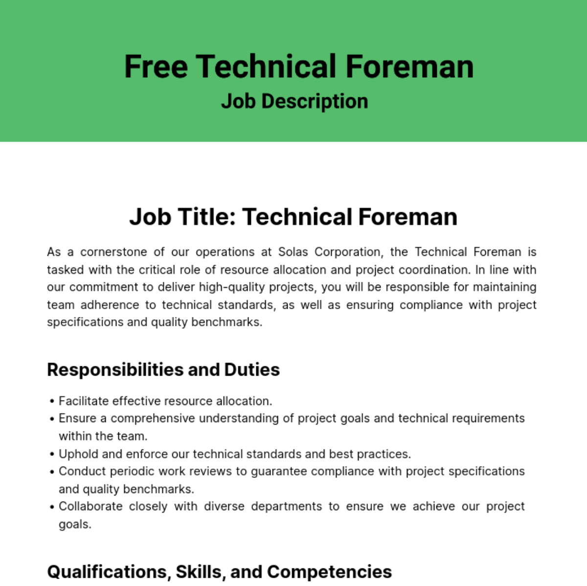 Free Technical Foreman Job Description Template To Edit Online