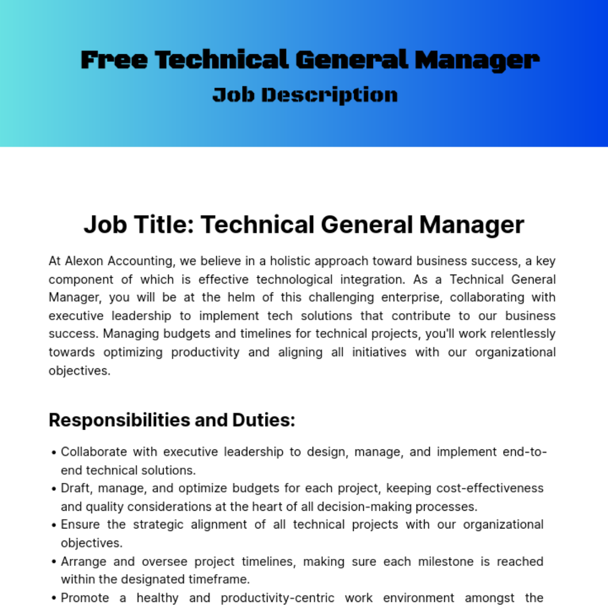 Technical General Manager Job Description Template