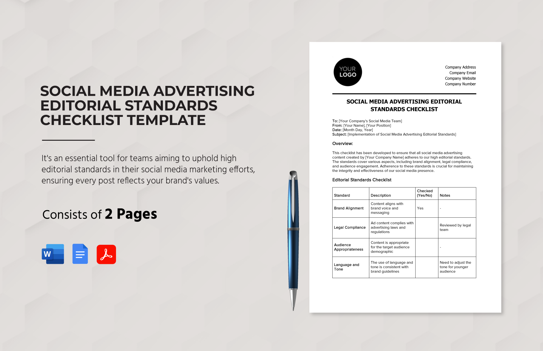 Social Media Advertising Editorial Standards Checklist Template in Word, Google Docs, PDF