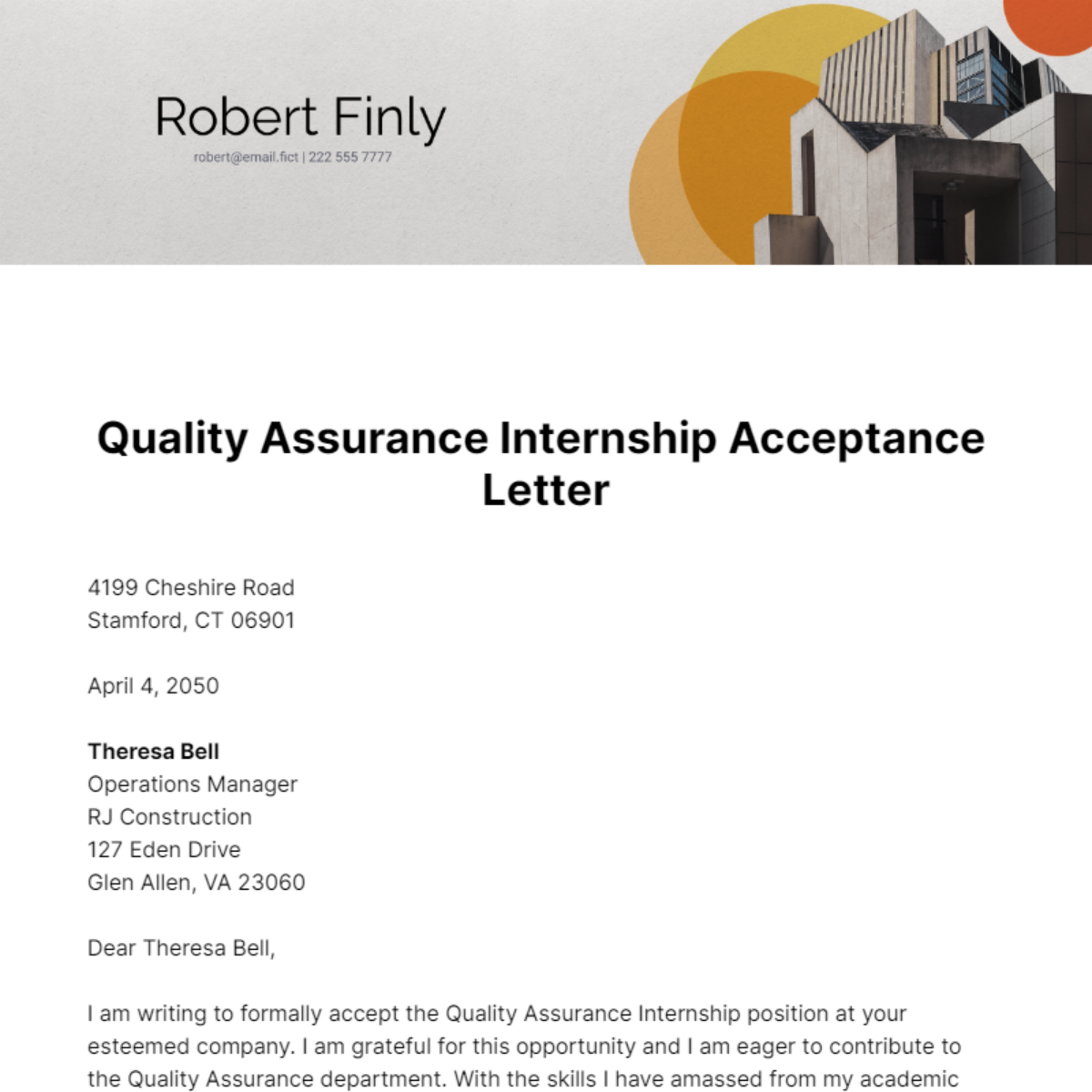 Free Quality Assurance Internship Acceptance Letter Template