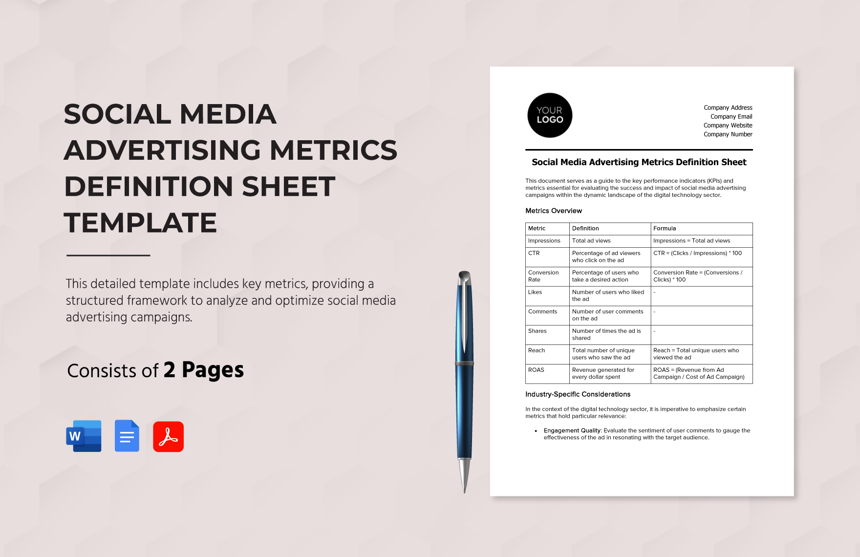 Social Media Advertising Metrics Definition Sheet Template in Word, Google Docs, PDF