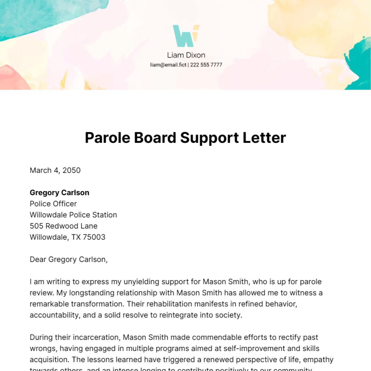 Parole Board Support Letter Template