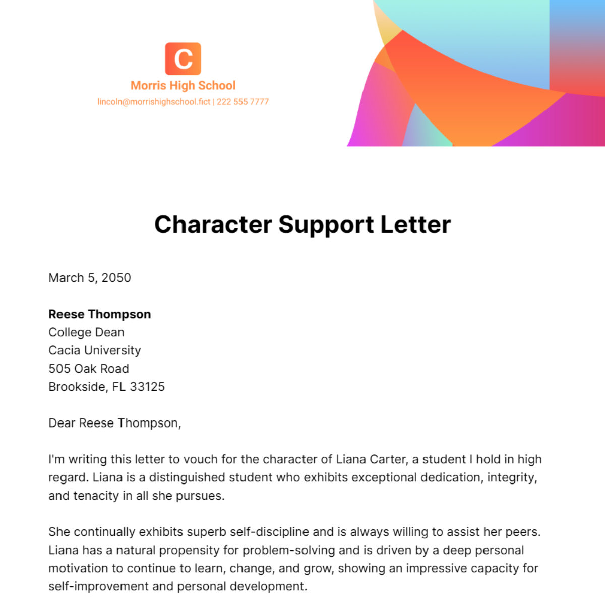 Character Support Letter Template