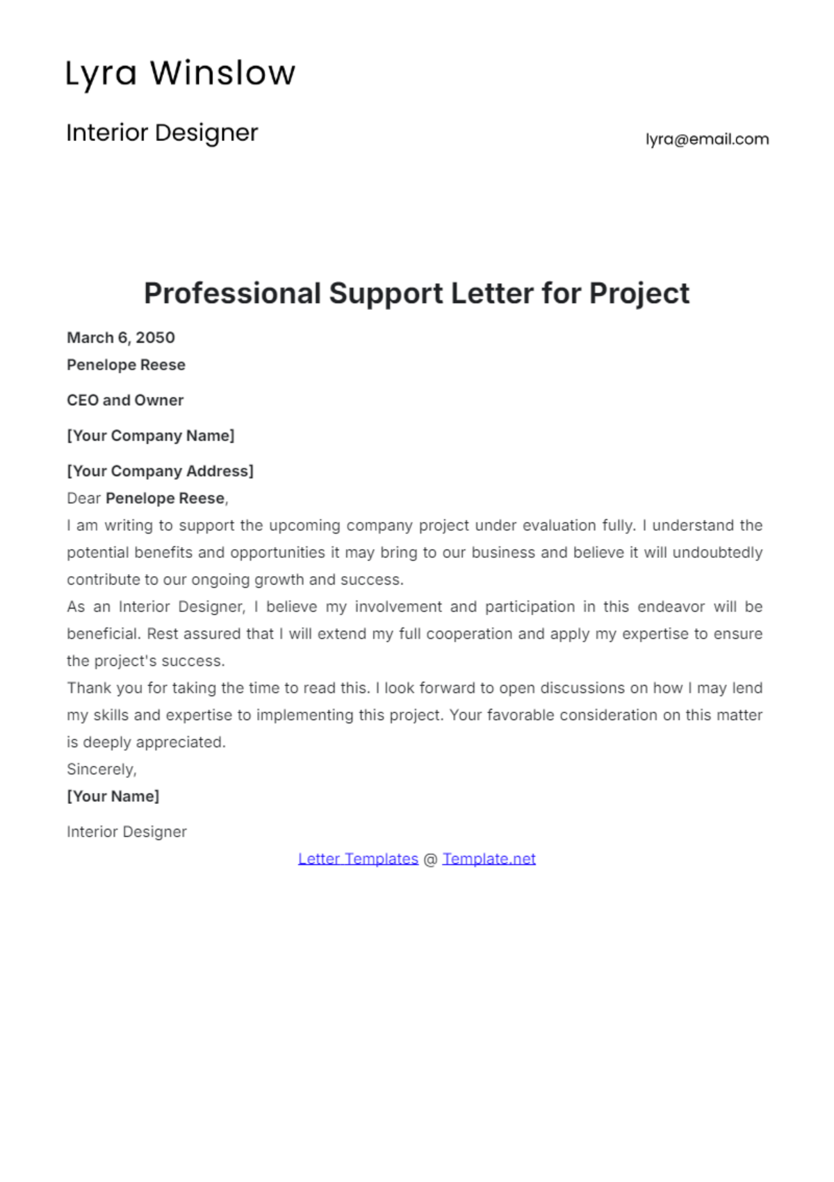 Professional Support Letter Template for Project - Edit Online & Download