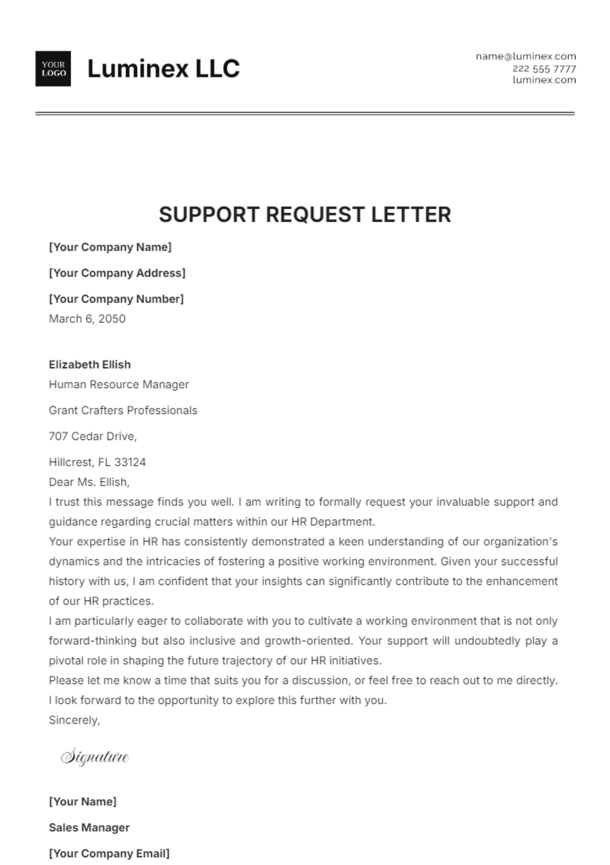 Support Request Letter Template - Edit Online & Download