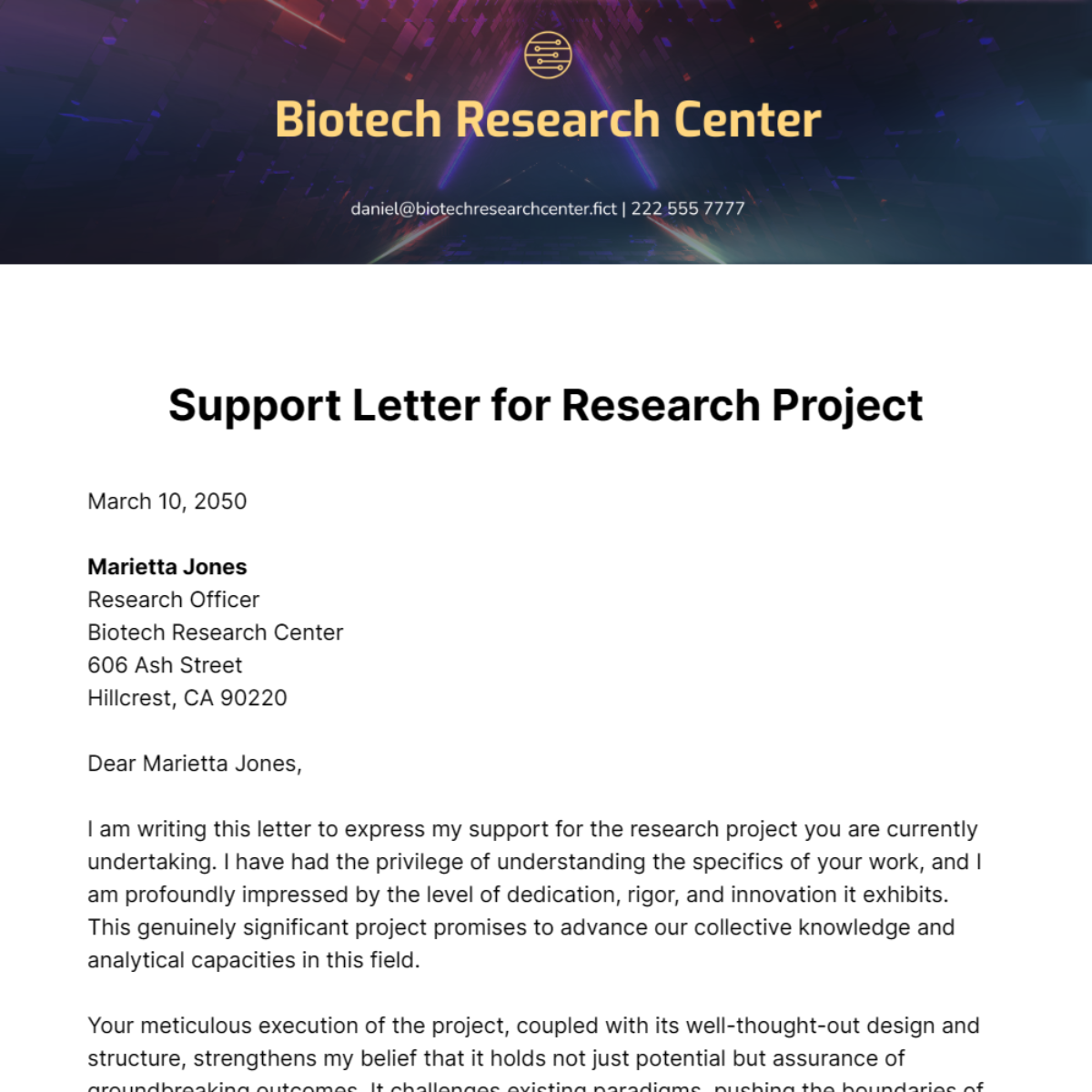 Support Letter for Research Project Template