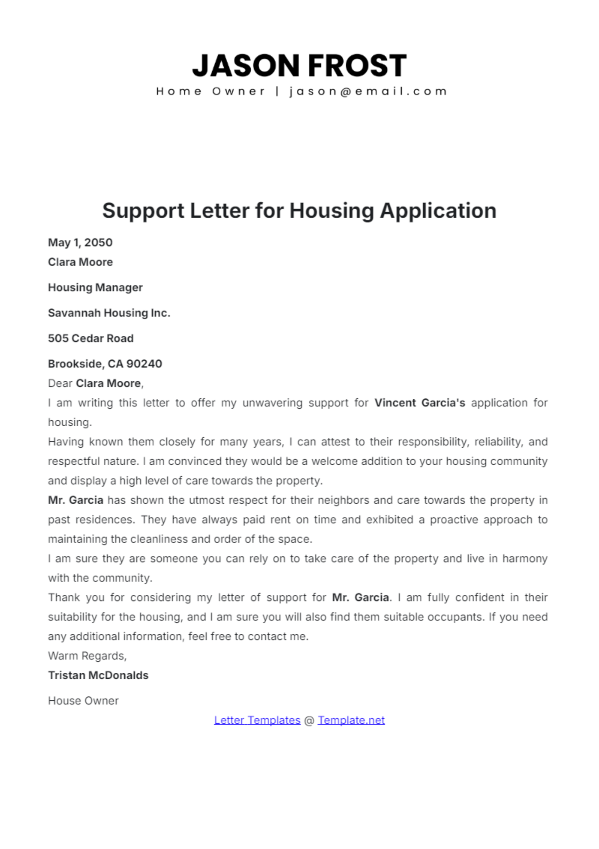 Housing Application Support Letter Template - Edit Online & Download