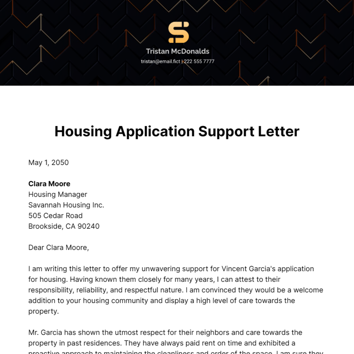 Housing Application Support Letter Template