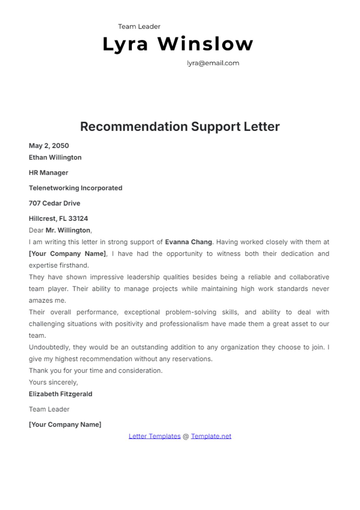 Recommendation Support Letter Template - Edit Online & Download