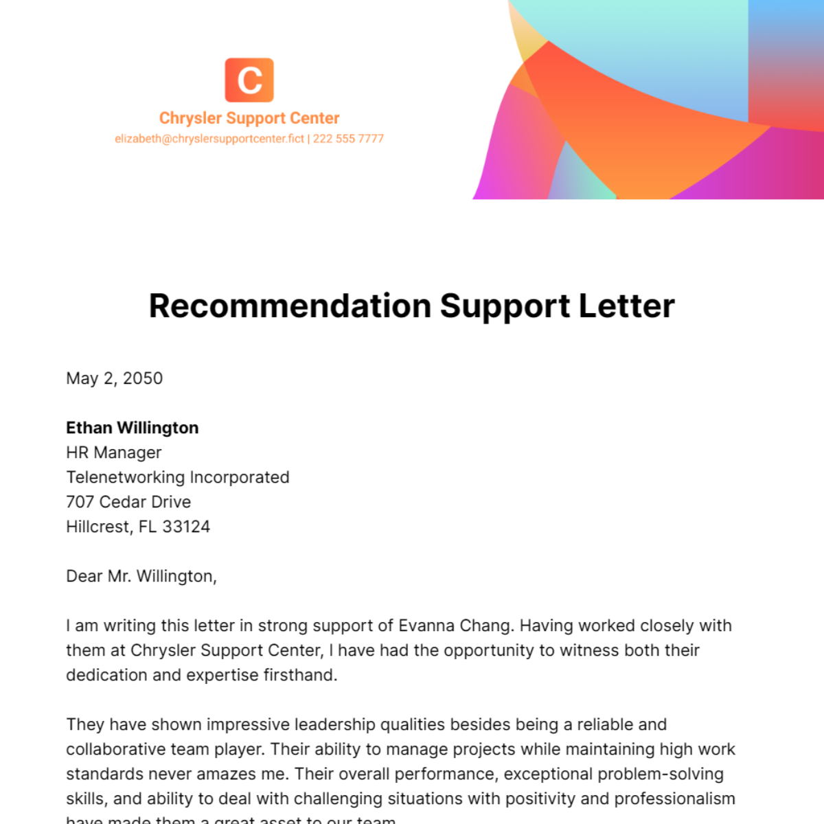Recommendation Support Letter Template